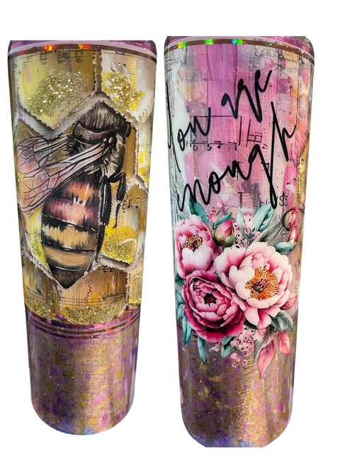 You Are Enough Bee and Floral Tumbler – 30oz Honeycomb Glitter Stainless Steel Cup with Lid and Straw