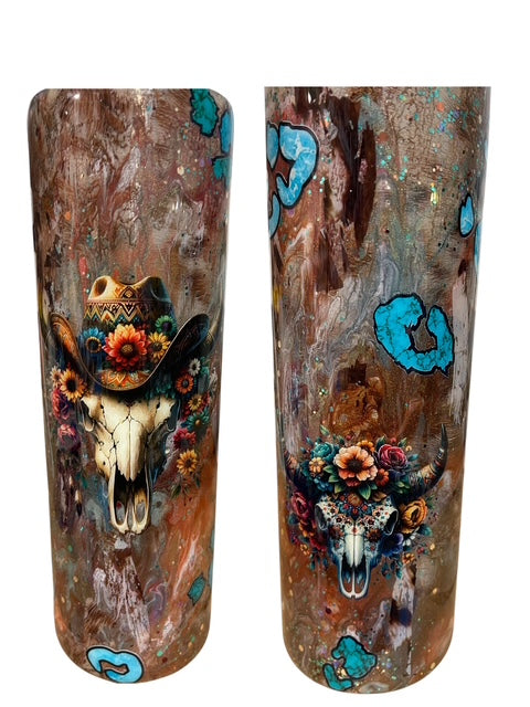 Rustic Western Cow Skull Tumbler – 30oz Skinny Stainless Steel Country Glitter Cup with Lid and Straw