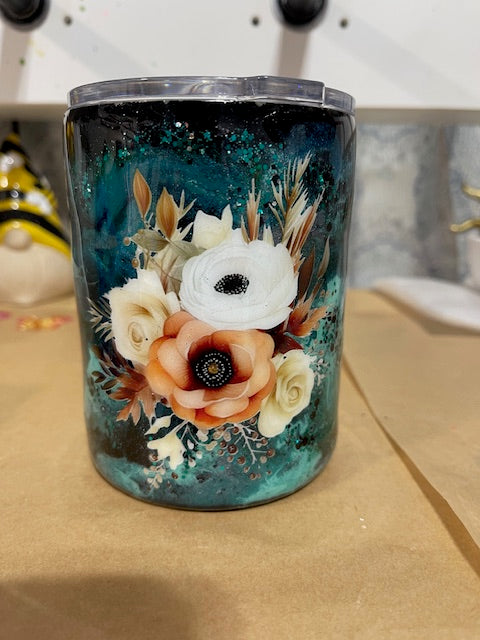 Boho Teal Floral Glitter Tumbler – 12oz Stainless Steel Shortie Cup with Lid and Straw