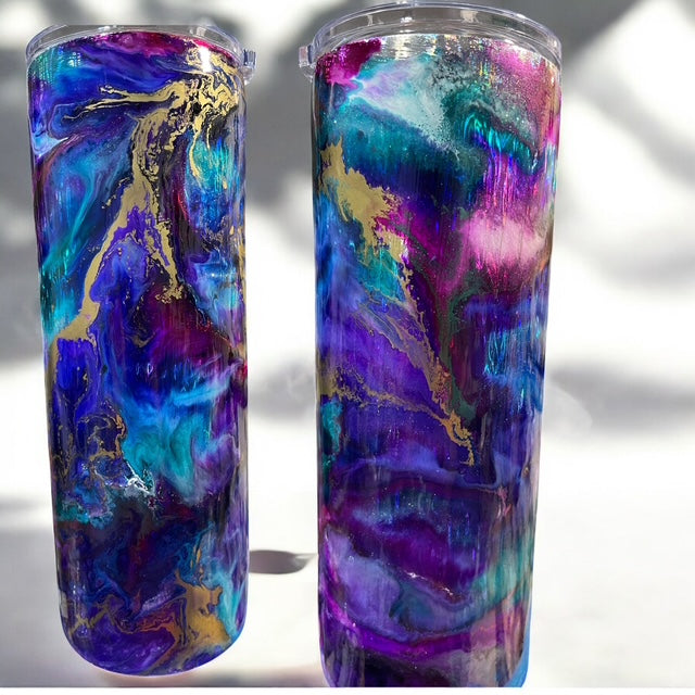 Vibrant Ocean Sky Tumbler – 24oz Alcohol Ink Teal Purple Blue Stainless Steel Cup with Lid and Straw