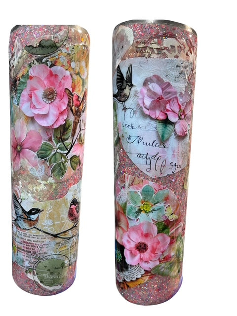 Keepsake Floral Bird Tumbler – 32oz Vintage Lace Glitter Stainless Steel Cup with Lid and Straw