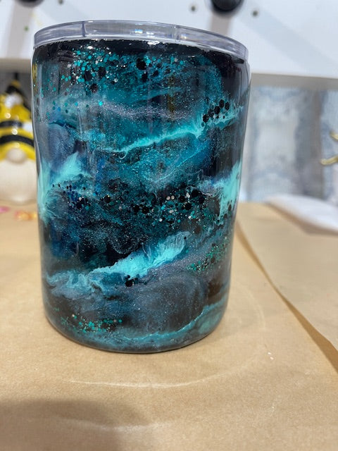 Boho Teal Floral Glitter Tumbler – 12oz Stainless Steel Shortie Cup with Lid and Straw